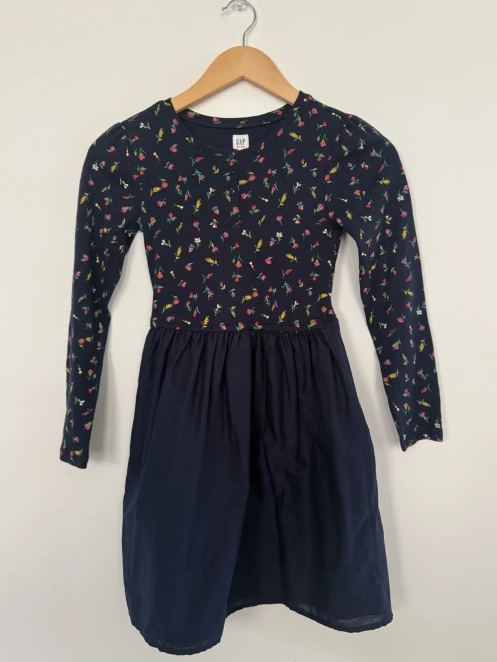 GAP Kids Navy Floral Long Sleeve Fit & Flare Dress Henley School Uniform Size L